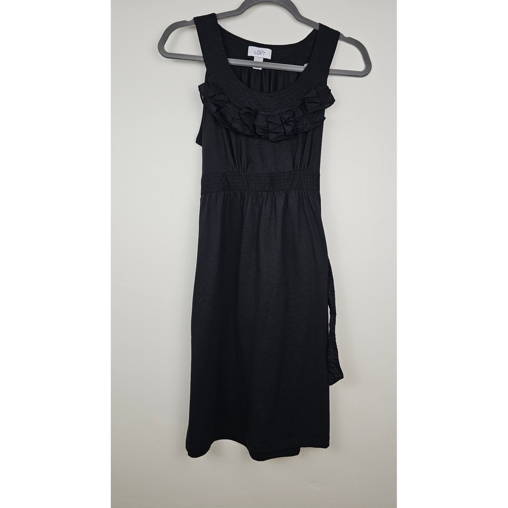 Ann Taylor Loft Dress Womens 2 Black Ruffle Neck Sleeveless Fit & Flare Knit